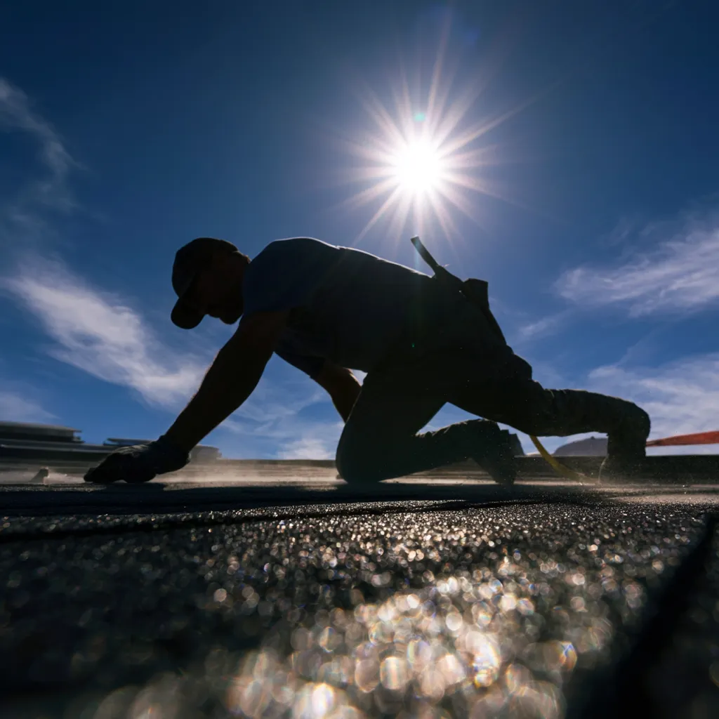 A silhouetted roofer crouching on shingles under a bright sun