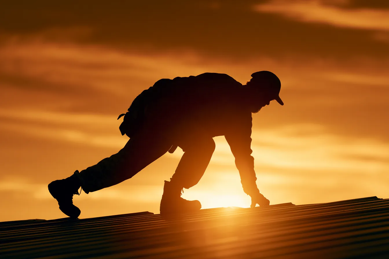 Orange sunset behind a roofer climbing a metal roof