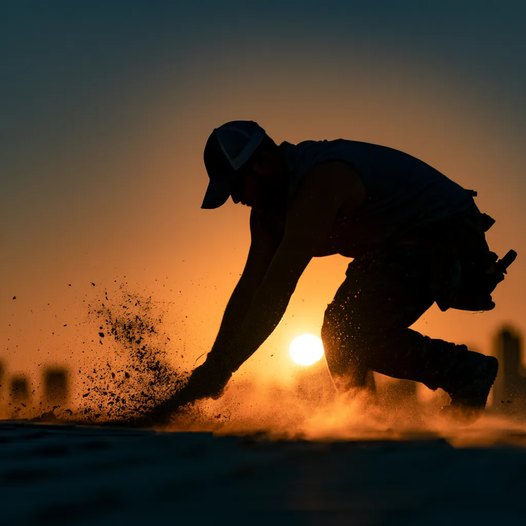 A roofer clearing debris from a rooftop at sunset