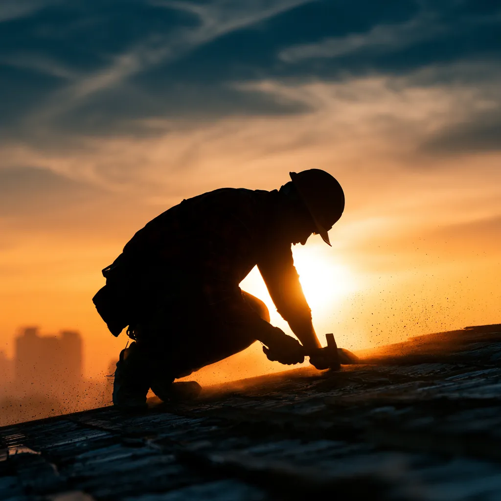 A roofer hammering on a rooftop at sunset