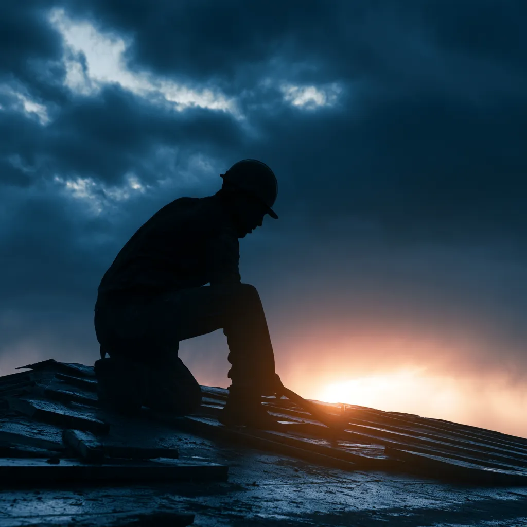 At dawn a roofer kneels on a roof ridge
