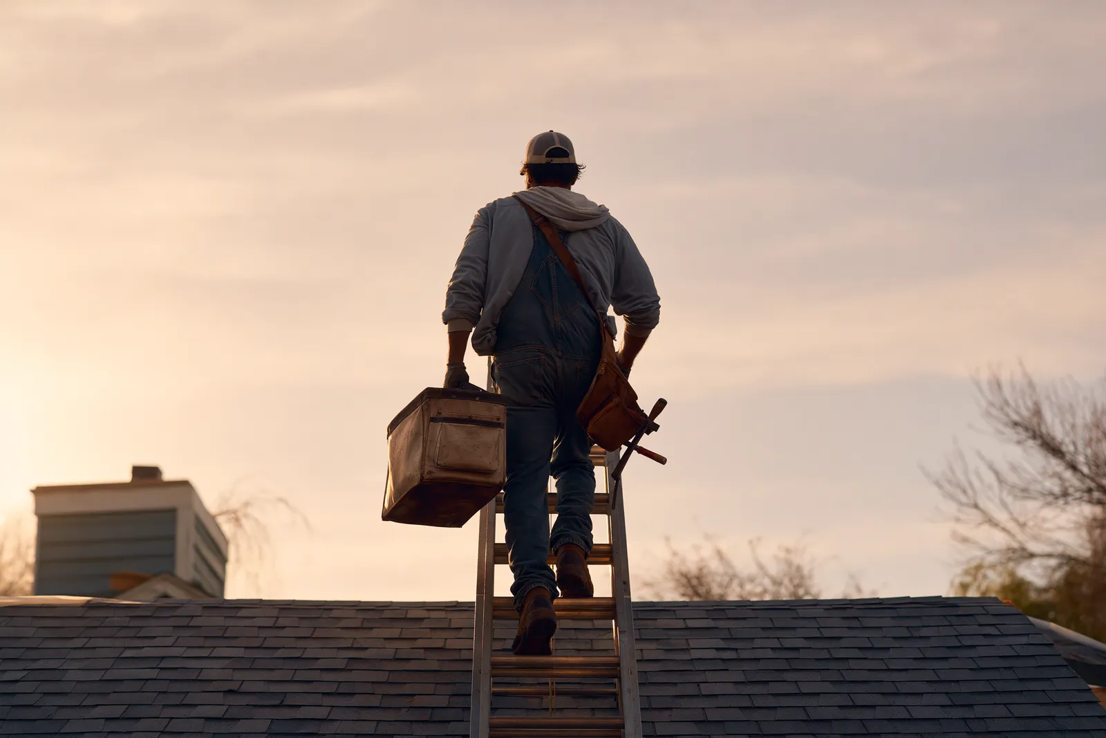 A roofer climbs a ladder onto a roof carrying a toolbox at dusk