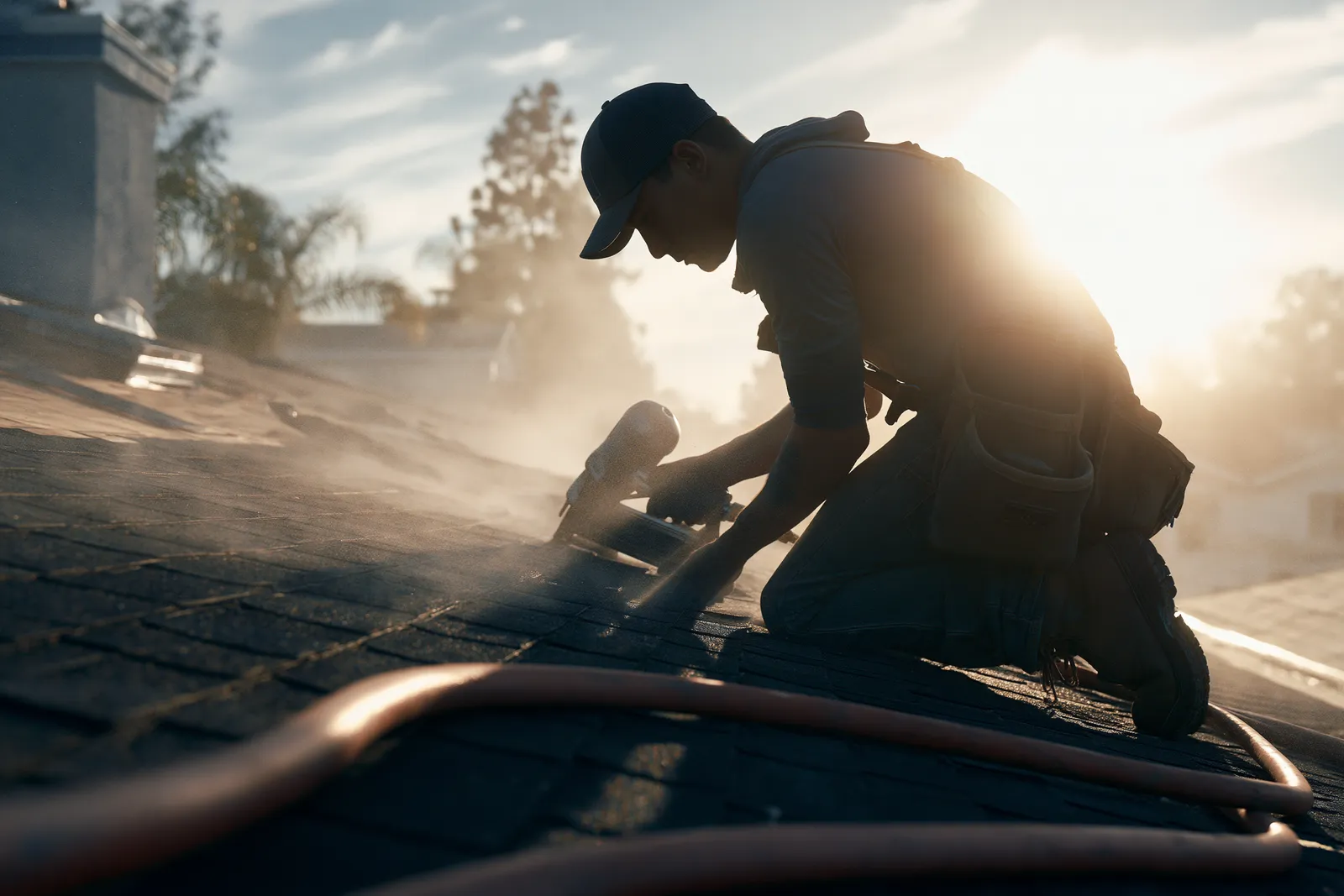 Sunlight and dust surround a roofer kneeling on a roof with a nail gun
