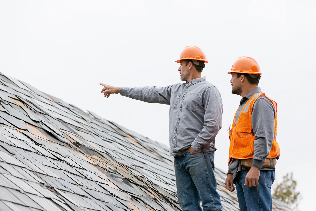 Under an overcast sky two roofers in hard hats survey a damaged roof