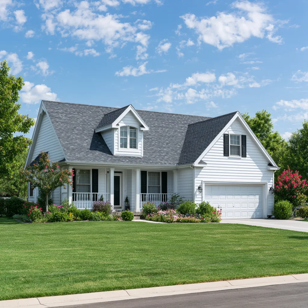 White house with black shutters and a gray architectural shingle roof