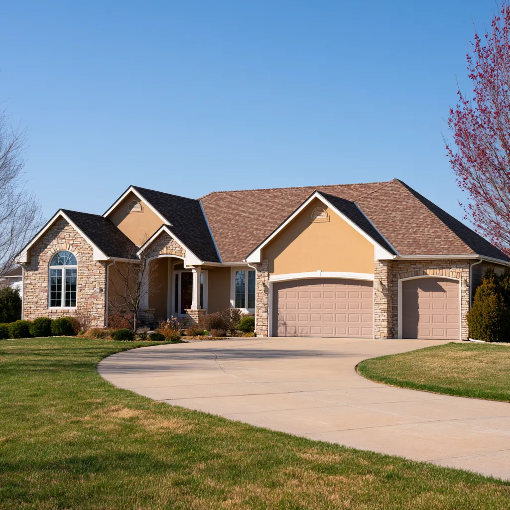 Ranch home of stucco and stone under a brown architectural shingle roof