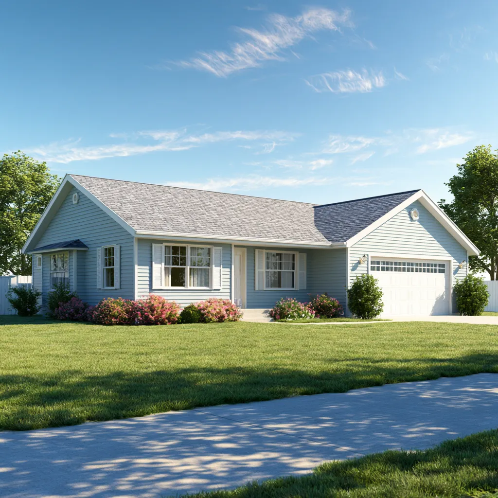 Ranch home in light blue beneath a gray asphalt shingle roof