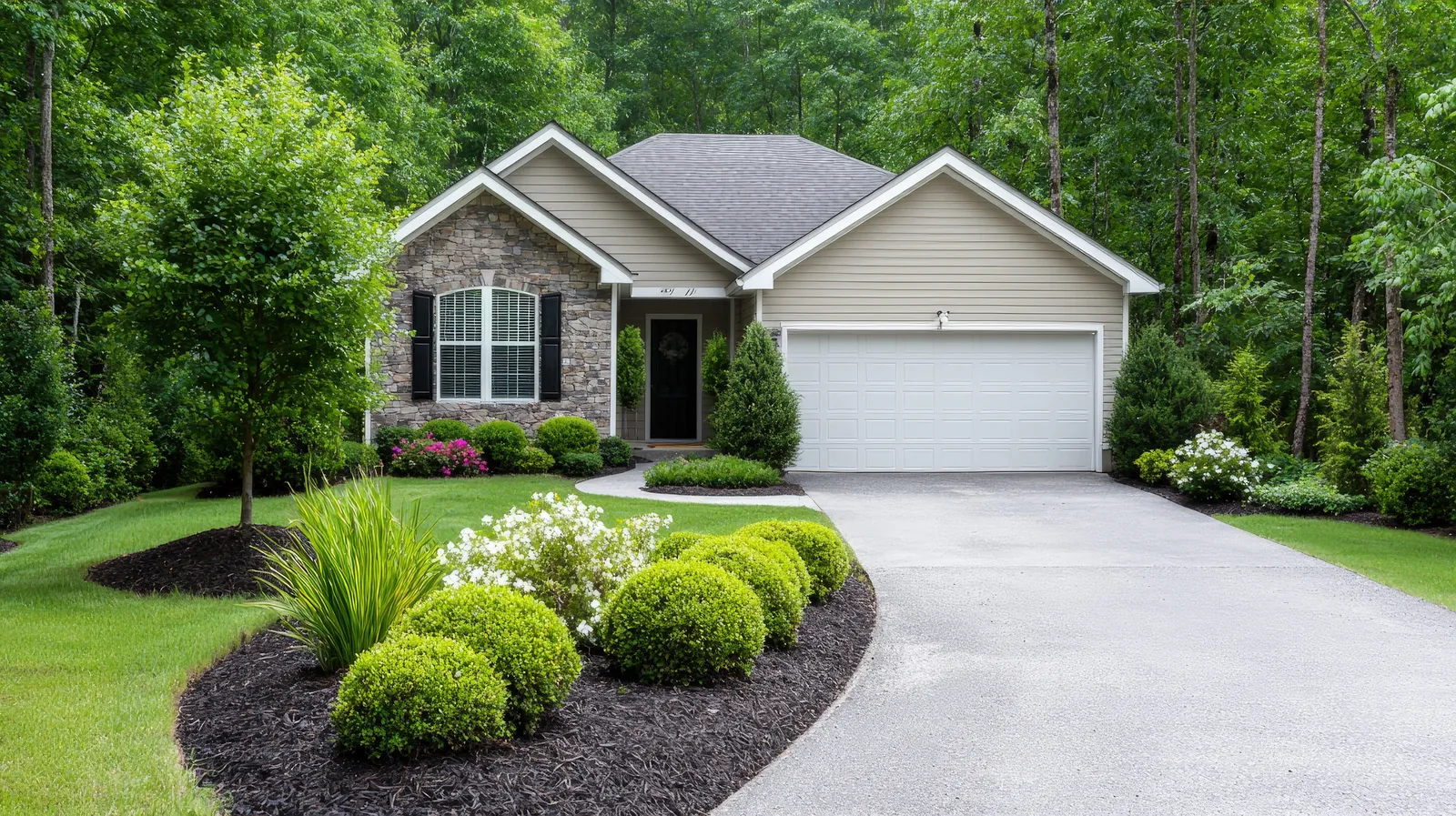 Gray shingle roof atop a stone and siding home with lush landscaping