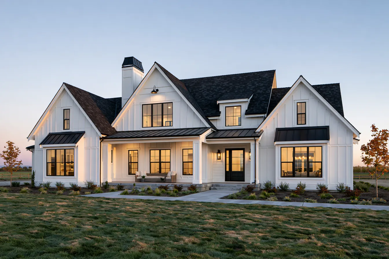 At dusk a white modern farmhouse shows black windows beneath a dark gray shingle roof
