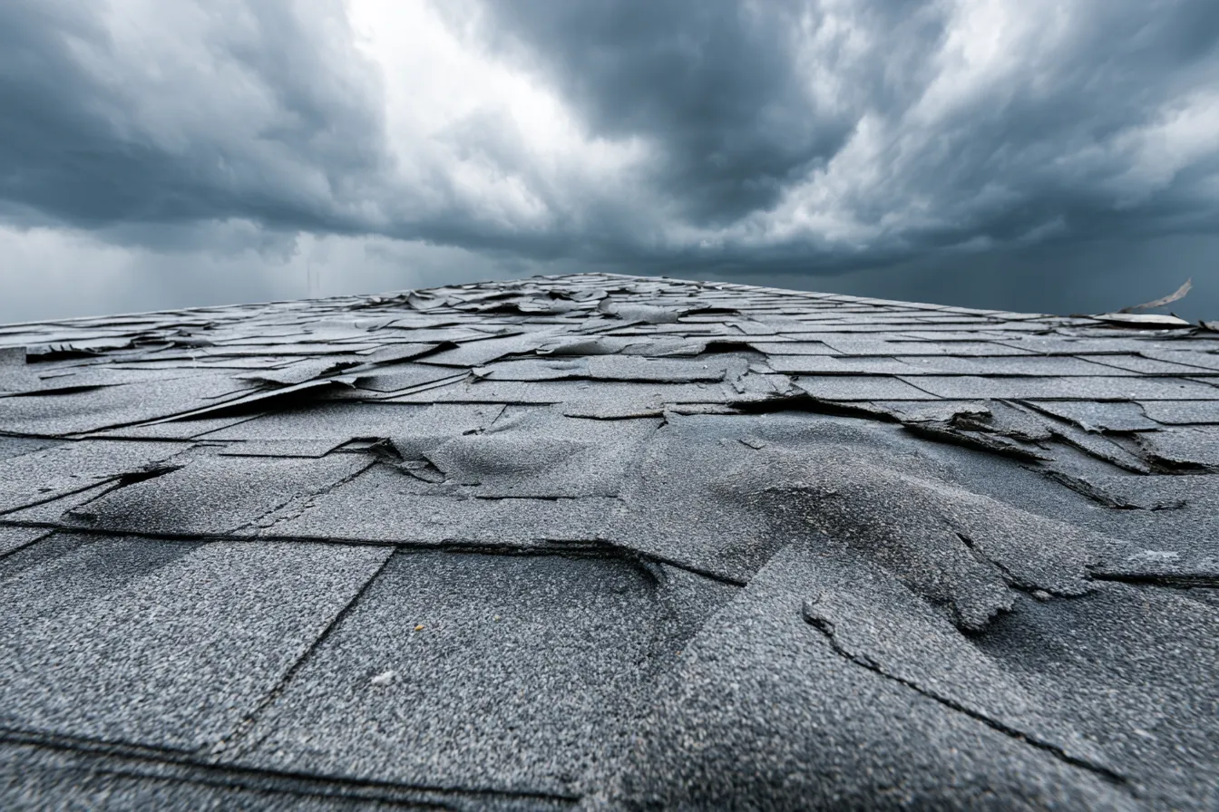 Roof with broken and lifted shingles under dark clouds